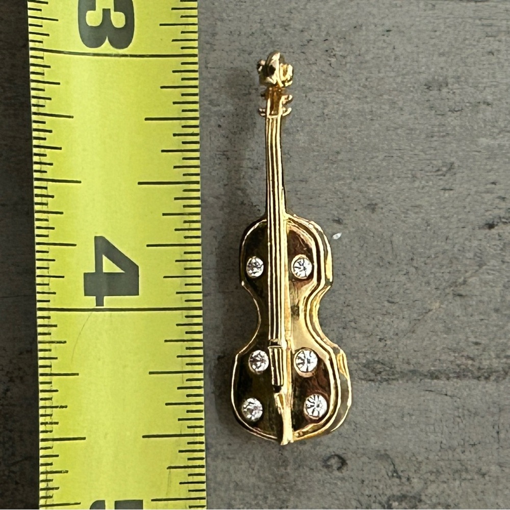 Gold Violin Pendant Pin Brooch Rhinestone Accents Fashion jewelry Accessory - Picture 9 of 10